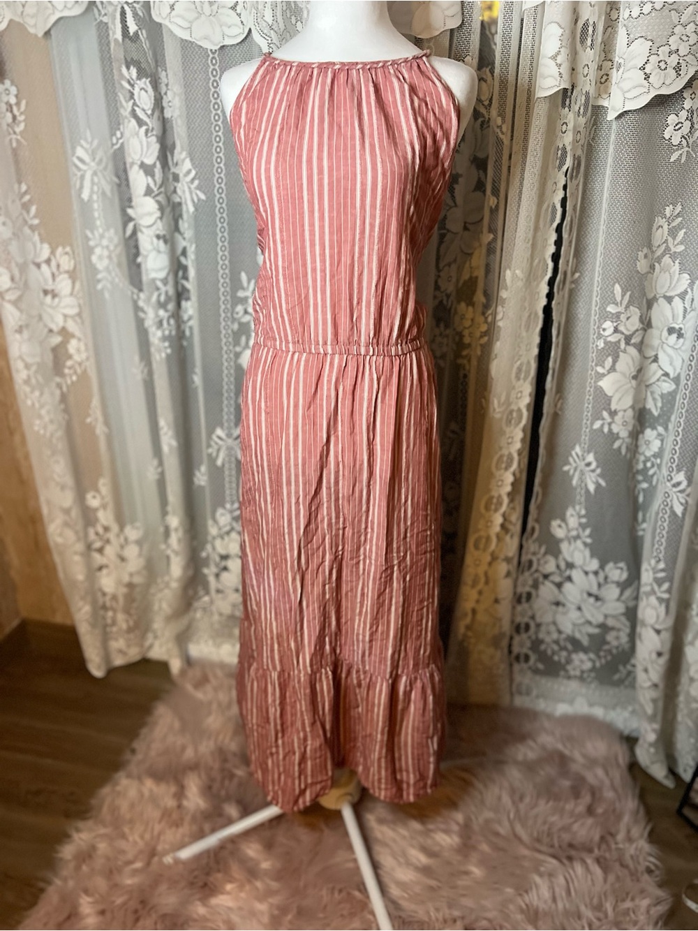 Old Navy Rose-Striped Halter Maxi Dress Plus Size Cotton Linen Blend